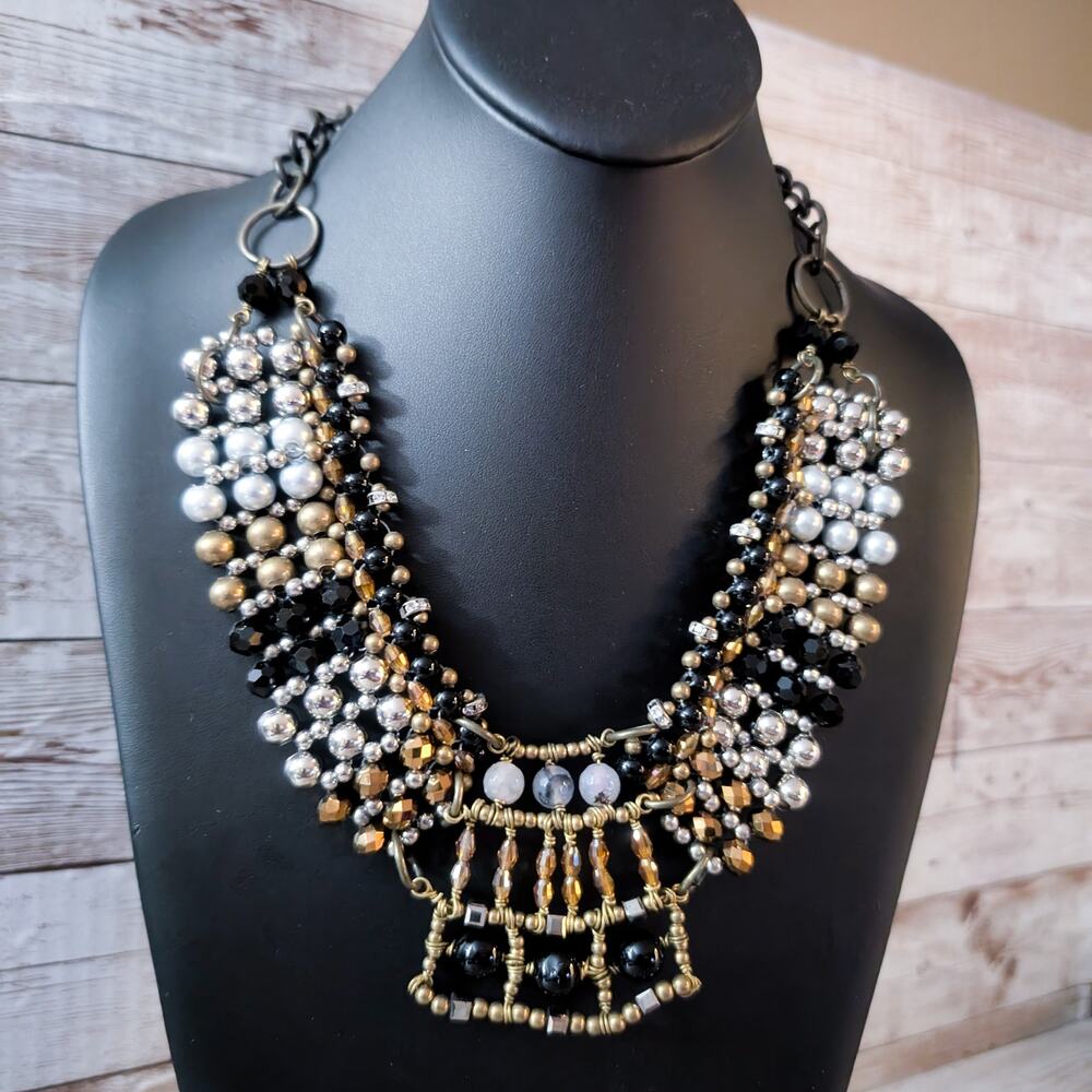 Anthropologie Pam Hiram Necklace Black & Gold Tone Glass Beaded Choker Bib